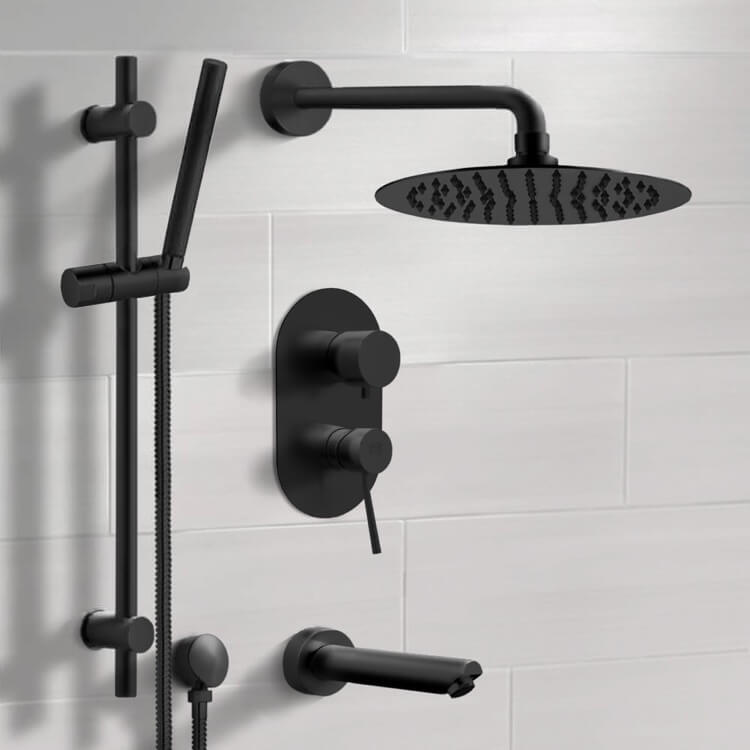 Remer TSR37-10 Matte Black Tub and Shower Faucet Set with 10 Inch Rain Shower Head and Hand Shower